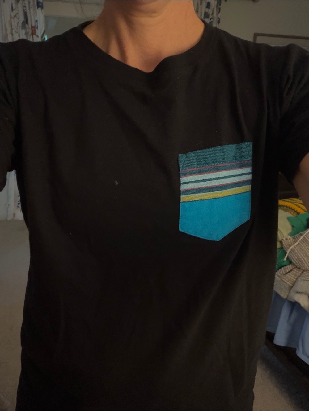 Kids' Black Short-Sleeve Tee with Teal Striped Pocket